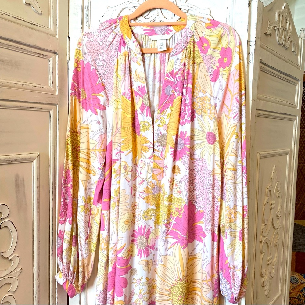 H&M Kaftan Maxi Dress Pink White Yellow Tropical Print Lightweight Long Sleeves